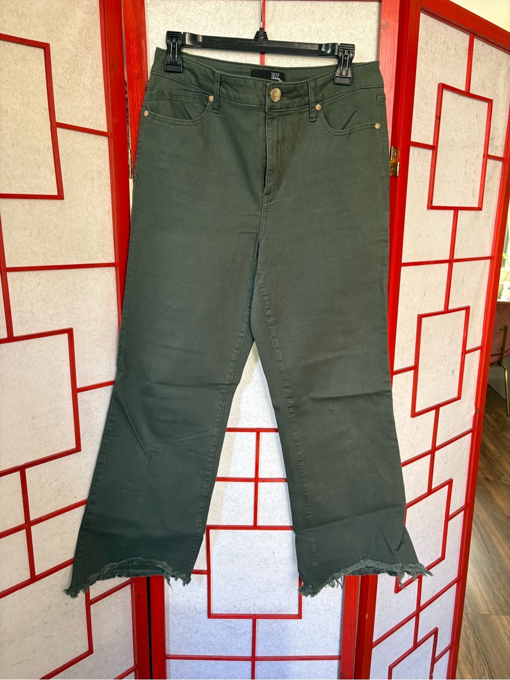 1822 Denim Dark Green Bootcut Jeans with Raw Hem